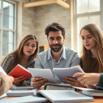 Engaged toefl test takers for hire studying together in a bright, collaborative environment.