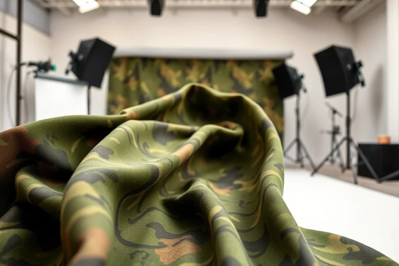 Bekijk de army print katoen stof met unieke patronen en texturen.