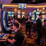 Casino gaming floor bustling with players enjoying link slot machines amid colorful lights and excitement