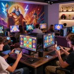 Enthusiastic gamers enjoying DRAGON222 Zeus-themed slot games, celebrating wins in a vibrant gaming room.