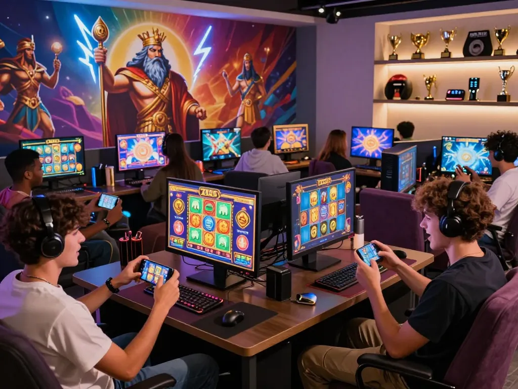 Enthusiastic gamers enjoying DRAGON222 Zeus-themed slot games, celebrating wins in a vibrant gaming room.