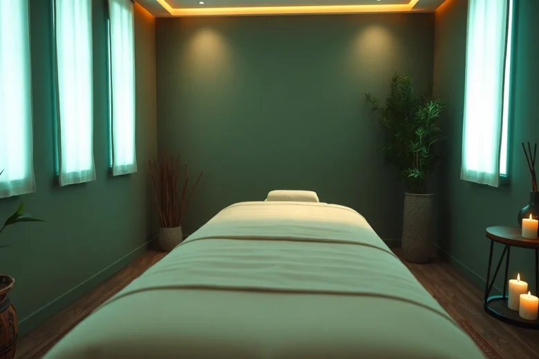 편안한 오일과 부드러운 분위기의 휴식용 마사지 치료실.