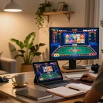 Engaging in สล็อตวอเลท gaming on a tablet in a cozy home office.