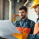 Engaged plumber studying blueprints in a plumbing apprenticeship environment.
