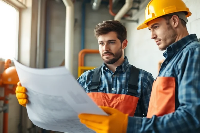 Engaged plumber studying blueprints in a plumbing apprenticeship environment.