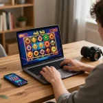Player enjoying nổ hũ online at home, showcasing vibrant game graphics and casual atmosphere.