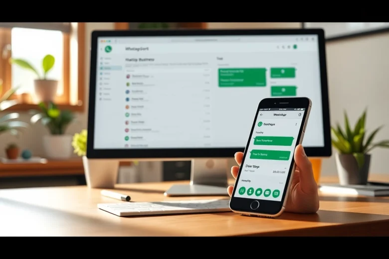 Enhance customer relations with WhatsApp Business CRM featuring a dashboard and smartphone.