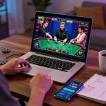 Sungaitoto player engaged in a live dealer game at home, showcasing excitement and strategy.