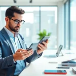 Engaged iPhone cash buyer evaluating device value in a modern office.