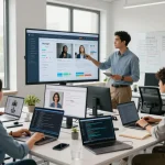 A collaborative workspace where professionals use image to prompt technology, with digital devices displaying AI-generated text prompts from images.