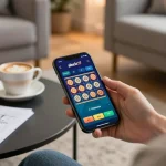 Experience the thrill of alexis77 slot on a smartphone in a cozy home setting.