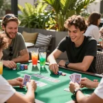 Friends enjoy blackjack at nhà cái shbet's outdoor game night, showcasing excitement and camaraderie.