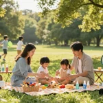 Enjoying outdoor picnic with mosquito repellent products protecting the family from bites