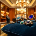 Showcasing luxury rings with exquisite designs and sparkling gemstones on a velvet cushion.