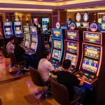 Engaged players at colorful slot machines in vibrant casino Thailand, celebrating wins.