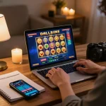 Engaging online slot bonus gameplay on a laptop with cozy home setting.