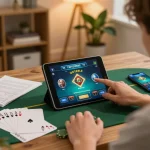 Engaging in poker strategy with u888 app on a tablet while managing bankroll notes at home