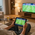 CakhiaTV streaming live football match on tablet in a cozy home setup with snacks and warm lighting.