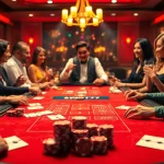 Gim Slot77 yang mengasyikkan dengan pemain yang menikmati permainan kartu dan chip.