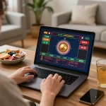 Engaged player enjoying online gambling at nhà cái 388bet with roulette action visible on laptop screen