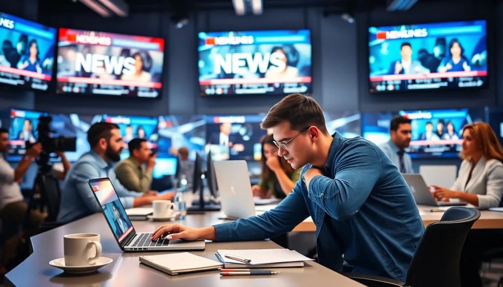 Journalists typing in a lively newsroom, illustrating the latest news and interviews.