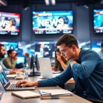 Journalists typing in a lively newsroom, illustrating the latest news and interviews.