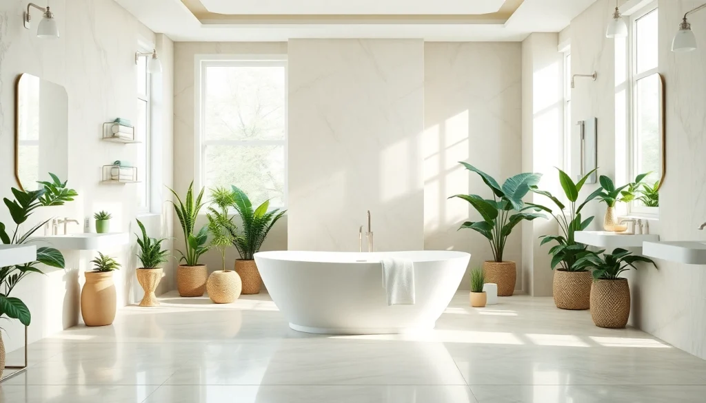 Transform your space with elegant bathrooms featuring a freestanding bathtub surrounded by greenery.