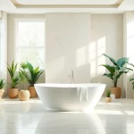 Transform your space with elegant bathrooms featuring a freestanding bathtub surrounded by greenery.