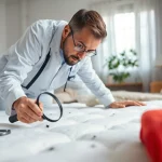 Assessing bed bug treatment cost with an expert examining a mattress for pests.