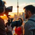 Professional videographers in toronto capturing a couple against the city skyline at sunset.