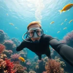 Schnuppertauchen unter Wasser mit einem Taucher, der einen bunten Korallenriff erkundet.