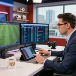Sports analyst at Cakhiatv24h.com analyzing live football statistics in a professional studio setting.