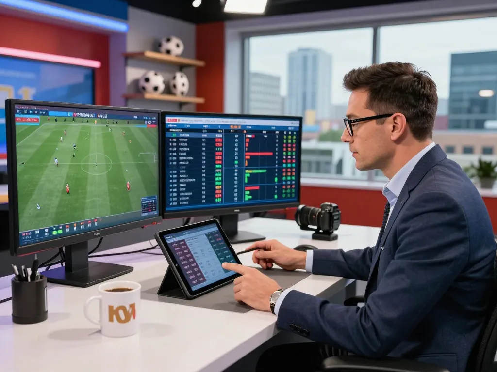 Sports analyst at Cakhiatv24h.com analyzing live football statistics in a professional studio setting.