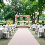 Veranstaltungsort mit eleganter Dekoration im Freien und festlicher Atmosphäre.