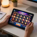 Engaging in online gaming with slot server jepang, vibrant reels spinning on a tablet in a cozy home office.