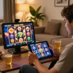 Engaged player enjoying a slot gacor 777 session on a tablet in a cozy living room.