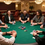Players at hb88 poker table making strategic bets in an upscale casino setting