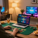 Player enjoying an immersive live dealer game at 8kbetbh online casino setup, highlighting modern gaming.
