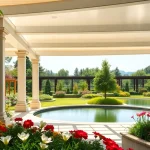 Terrassenueberdachung Ungarn mit elegantem Design in einem idyllischen Garten.