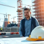 Manhattan Construction Manager reviewing blueprints on-site amidst construction activity.