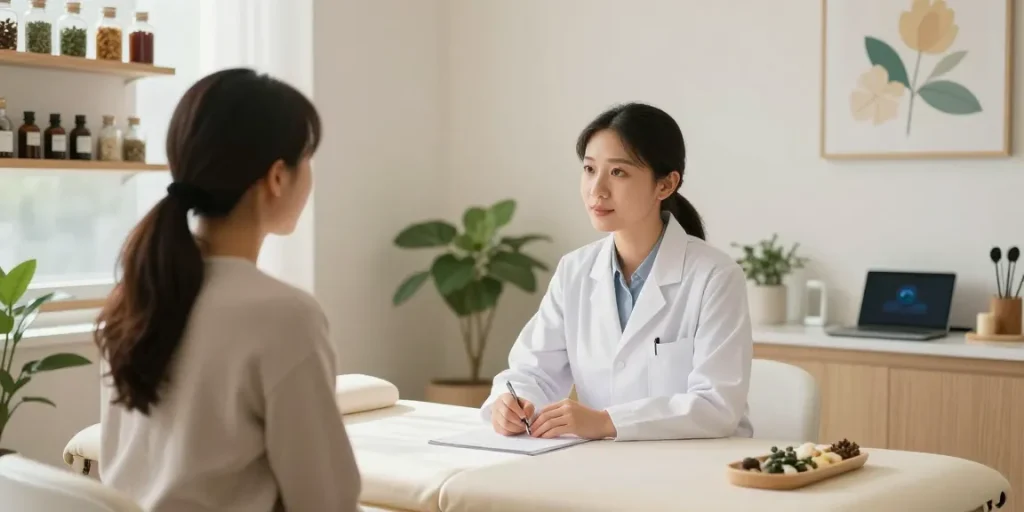 Consultation at 영통한의원 featuring a healthcare professional and patient in a calming wellness setting.