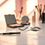 Applying makeup with an innovative eyeliner stencil for precise and stylish results.
