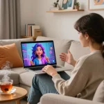Engaging NSFW chat experience with AI character on laptop, cozy room atmosphere.