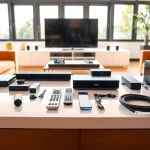 Verwenden Sie Panasonic TX-L42ETW60 Zubehör in einem stilvollen Wohnzimmer-Setup.