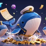 Experience the excitement of UFABET with a dynamic scene featuring a whale, poker chips, and lottery elements.