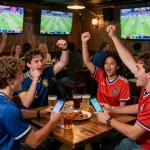 Taruhan olahraga yang menarik di bar yang ramai, penggemar berinteraksi dengan paris888 di smartphone mereka.