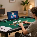 A player engaged in G28 online blackjack, showcasing strategic gameplay in a cozy home setup.