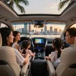 Thưởng thức chuyến du lịch sang trọng trong một chiếc Toyota Alphard với khung cảnh thành phố, hoàn hảo cho việc cho thuê xe Toyota Alphard.