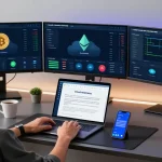 Start cloud mining today with a professional cryptocurrency setup featuring multiple monitors displaying Bitcoin charts, a digital wallet, and cloud mining dashboards.