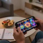 Experience slot gacor gampang menang in a vibrant online gaming environment with a smartphone and strategic notes.